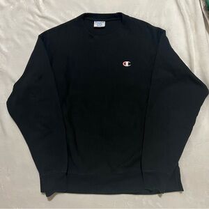 Champion Men Reverse Weave Black Crewneck Sweatshirt Logo Size Large
